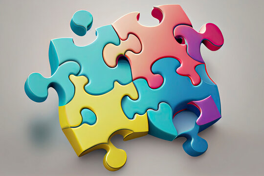 3D jigsaw puzzle pieces symbol of teamwork. Problem-solving, business challenge in 3d hand of connection jigsaw puzzle, partnership success. 3d teamwork puzzle success icon vector render illustration