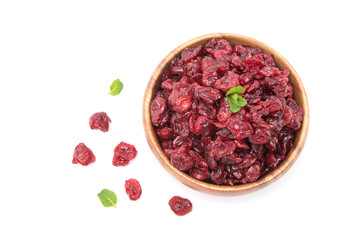 Top view of dried cranberries in wooden bowl isolated on white background