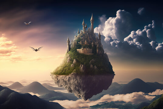enchanted fantasy castle floating in the sky