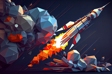 Blasts off space rocket from cosmodrom, polygonal style