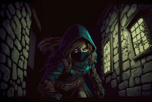 girl rogue sneaking through the shadows, digital art style
