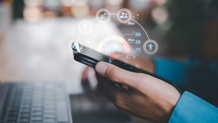 Human Resource Management ,Strategic planning for success through people business development concept by choosing professional leaders employee competency Teamwork, businessman working on smartphone