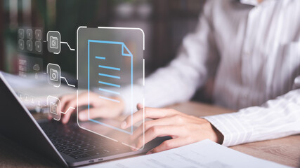 Businessman Audit documents, quality assessment management With a checklist, business document evaluation process, market data report analysis and consulting, review process correctness of document