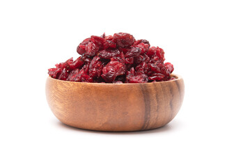 Wooden bowl of dried cranberries isolated on white background. Healthy food concept