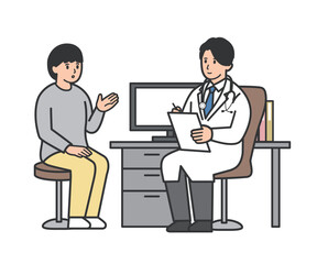 診察室で男性医師に説明する女性