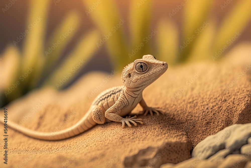 Poster image of a lizard in selective focus, set against a beige backdrop, resting on a stone. generative a
