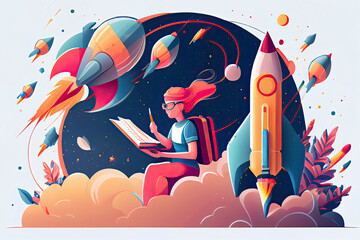 Cartoon vector illustration education concept. Education helps us go further and faster, like taking a pencil rocket into beautiful space