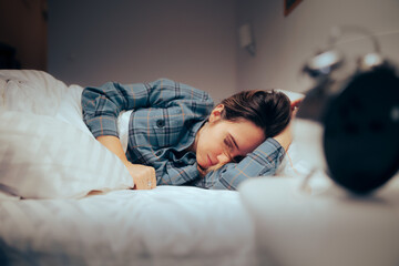 Woman Sleeping Having Nightmares Feeling Concerned and Stressed. Person suffering with sleep...