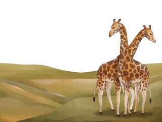 Giraffe couple watercolor painting on the savannah hand painted watercolor illustration set of wild animals.