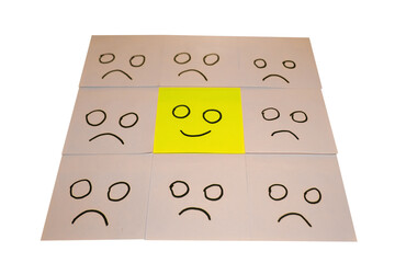 Positive Attitude and Happy Concept. Hand Drawn A Smile Face And Sad Emotion on Sticky Note Background.