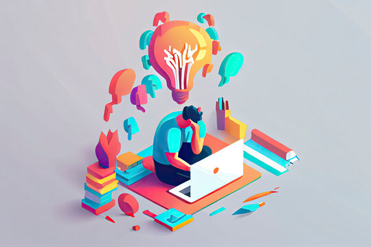Young man working on the laptop computer and having a idea. Freelance job, creativity innovation and business idea concept. 3d vector people character illustration. Cartoon minimal style