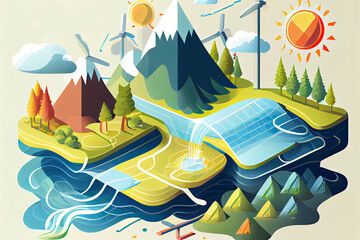 Flat vector illustration is showing alternative clean energy sources: hydro energy, wind energy