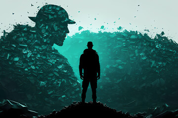 man in front of a dump that forms the image of another man