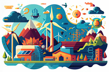Flat vector illustration is showing alternative clean energy sources: hydro energy, wind energy