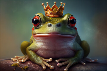 Cute frog wearing a crown on a lily pad in the middle of a pond, generative AI