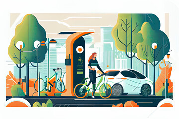 Smiling woman charging electric car at recharging power station charger. Sporty man jogging. Bikes standing on bicycle parking. Modern technology environment care concept.