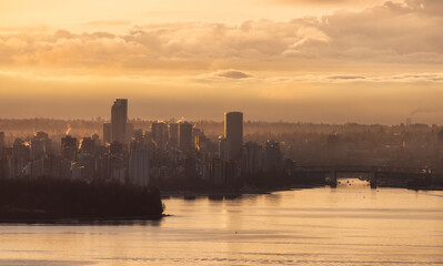 Naklejka premium Modern City Skyline in Downtown Vancouver, British Columbia, Canada. Golden Winter Sunrise Sky.