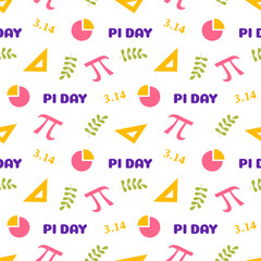 Pi Day Seamless Pattern Design with Mathematical Constants or Baked Pie in Template Hand Drawn Cartoon Flat Illustration