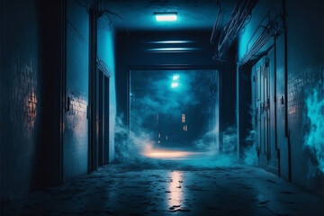 Dark empty street with dark blue lighting, empty, creepy, lonely, smoke, created with Generative AI