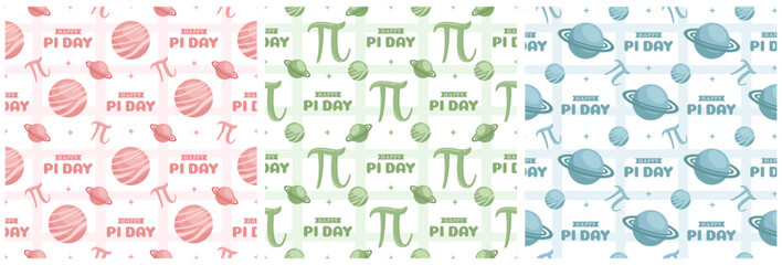 Set of Pi Day Seamless Pattern Design with Mathematical Constants or Baked Pie in Template Hand Drawn Cartoon Flat Illustration