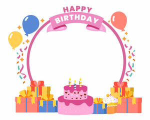 happy birthday frame design with birthday cake, balloons, gifts and glossy glitter ribbon, easy to edit,