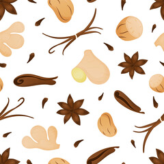 Hot drinks ingredients – cinnamon sticks, anise star, vanilla, ginger, nutmeg.