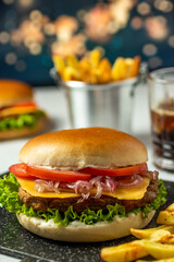 hamburger and fries and soda