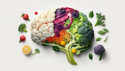 Plant-Based Healthy Eating: Human Brain Made of Fruits and Vegetables, High Fibre, Nutrition and Brain Health, Food and Cognition, Mood, Healthy Lifestyle Concept, On White Background, Generative AI. - obrazy, fototapety, plakaty