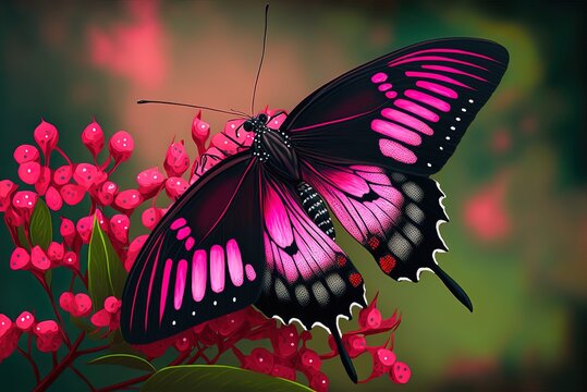 Cattleheart butterfly sitting on a pink blossom, out of focus background Generative AI