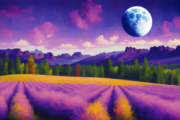 An alien landscape with a beautiful silver purple field wide angled with an old wooden fence in the front, blue mountains and pinetrees in the far back and a little old deserted schoolbus on the hills