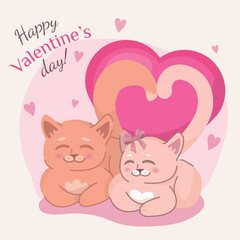 Obraz na płótnie Canvas Valentines day on the background of a pair of cute cats with a pink heart on a white background with the lettering Happy Valentine s day . Concept of love and Valentines day. Vector illustration