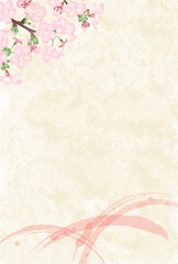 Fototapeta na wymiar 和紙風の背景にグラデーションで立体的な桜の花とピンク色の筆のストロークの和風ベクターイラスト　はがきサイズ縦型