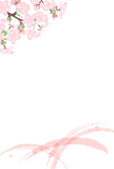 白背景にグラデーションで立体的な桜の花とピンク色の筆のストロークの和風ベクターイラスト　はがきサイズ縦型