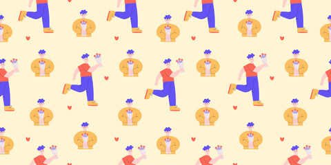 Cute pattern of man with bouquet of flowers