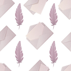 Seamless pattern of envelopes and feathers. Vector illustration. Endless texture.