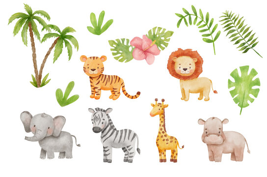 Cute giraffe, tiger and elephant in cartoon style. Watercolor Drawing african baby wild animal isolated on white background. Jungle safari animals and plants set