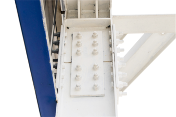 Large screw hexagon flange nut supporting metal frame of prefabricated building isolated on cutout PNG. Content, focus closer. Large metal posts or structure are painted in white of outdoor billboard.