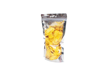 Dried jackfruit isolated on cutout PNG. Close up of a pile of dried jackfruit a sealed plastic bag to prepare for distribution a snack chips. food preservation concept popular in Thailand.