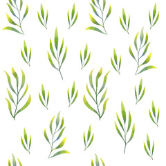 Naklejka premium Elegant seamless pattern with branches and leaves painted in watercolor. Delicate green and yellow background made of natural motifs.