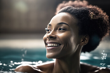 African american woman in swimming pool smiling looking to side. ia generate