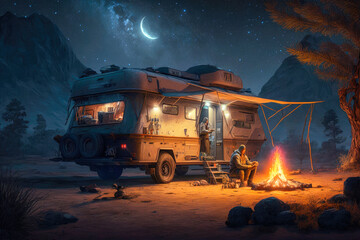 A camper preparing for the night under the stars, illustration - Generative AI