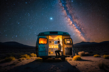 Fototapeta na wymiar A camper preparing for the night under the stars, illustration - Generative AI