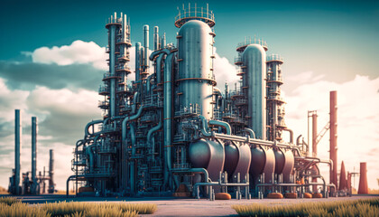 Fototapeta na wymiar A chemical plant with reactors, pipes and machines, illustration - Generative AI