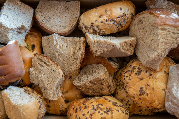Pieces of dry bread of different types with mold. Selective focus
