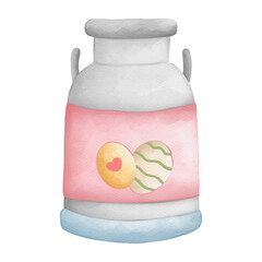 Watercolor fresh milk tank with Easter Egg, garden equipment, farming concept