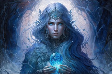 A sorceress with sapphire blue hair, weaving enchantments of blue ice and frost. Digital art painting, Fantasy art, Wallpaper. Generative ai. - obrazy, fototapety, plakaty