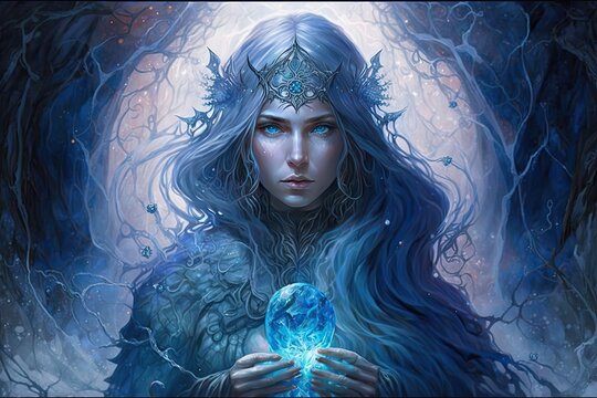A sorceress with sapphire blue hair, weaving enchantments of blue ice and frost. Digital art painting, Fantasy art, Wallpaper. Generative ai.