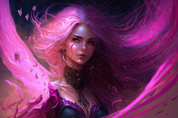 A sorceress with hair of bright pink, conjuring blasts of pink energy from her fingertips. Digital art painting, Fantasy art, Wallpaper. Generative ai.