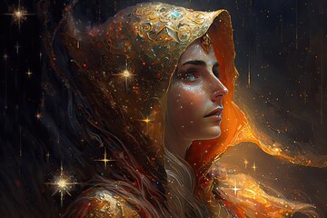 A sorceress with eyes of shining gold, calling forth a shower of golden sparks. Digital art painting, Fantasy art, Wallpaper. Generative ai.