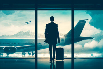 Businessman taking a plane for a business trip, illustration - Generative AI